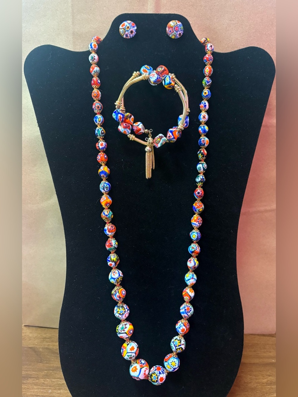 Vintage Millefiori Glass Bead Necklace, Bracelet & Earring Set